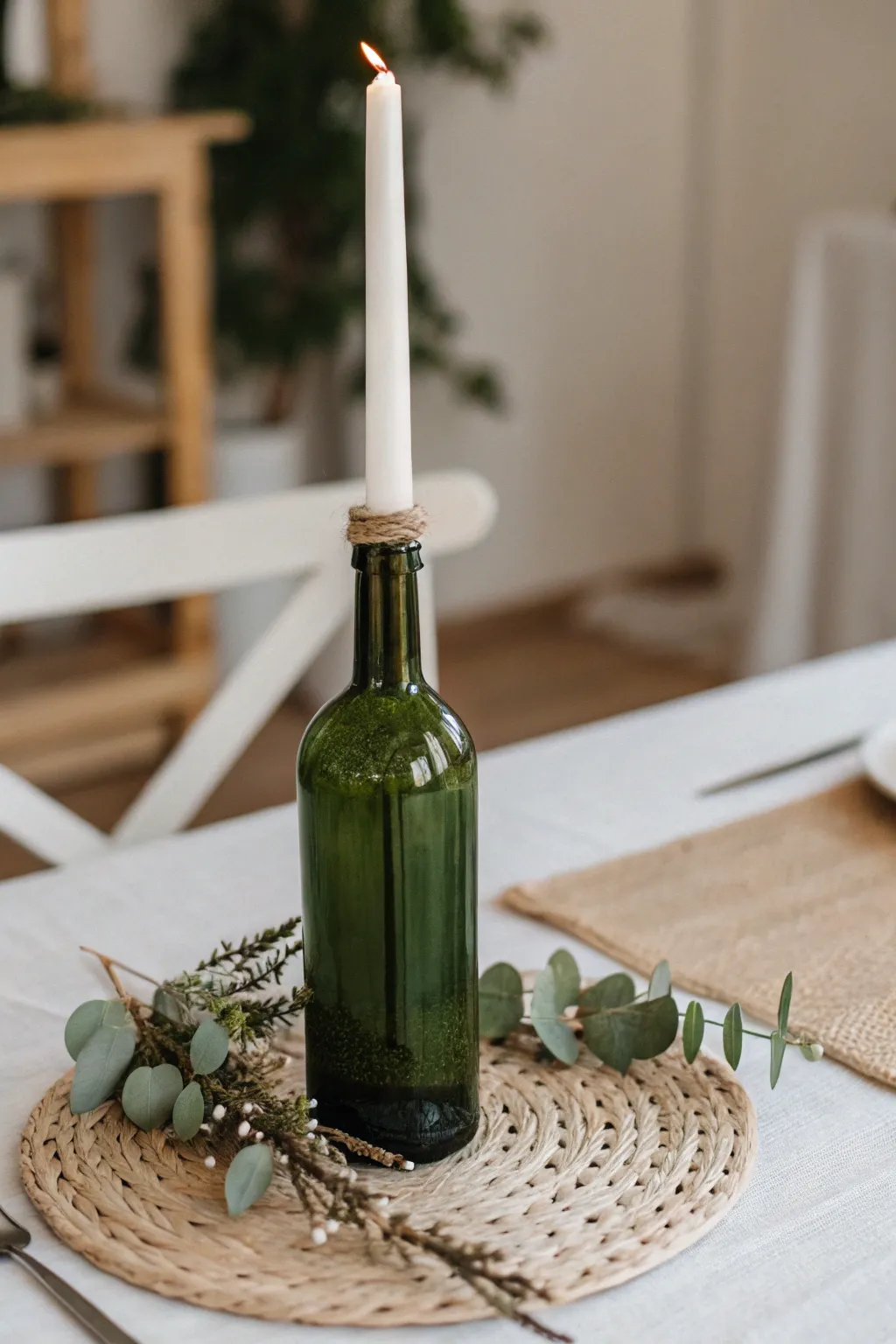 Transform your empty wine bottles into elegant candle holders for a touch of warmth and sophistication.