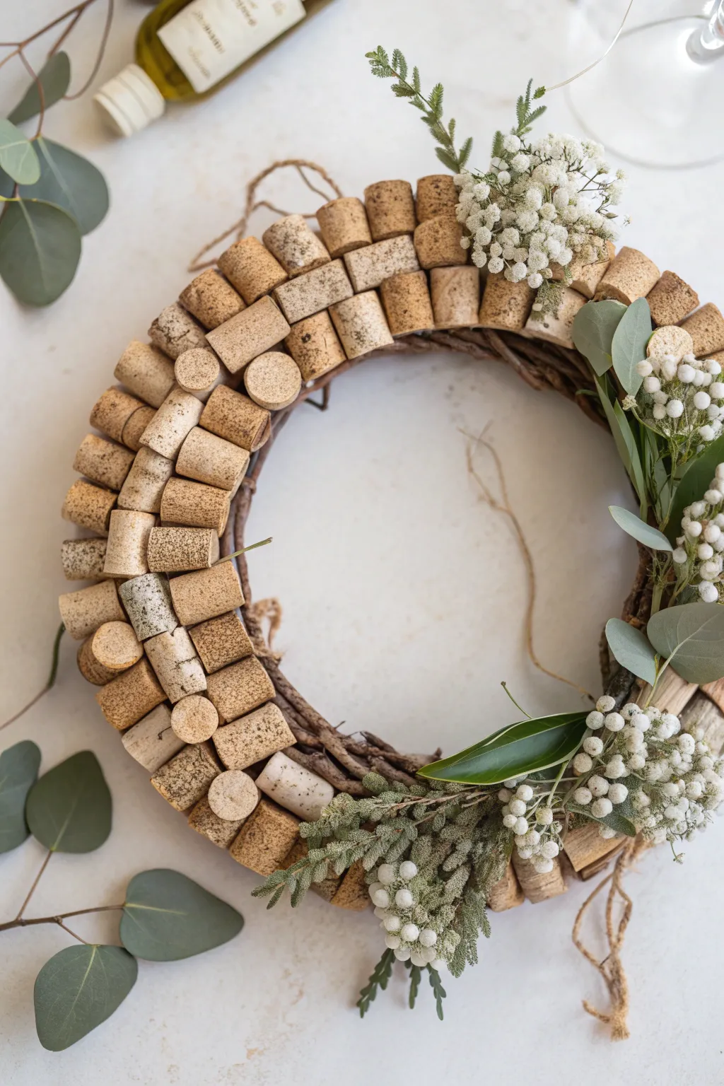 Elevate your entryway with a charming cork wreath, where simplicity meets natural beauty.