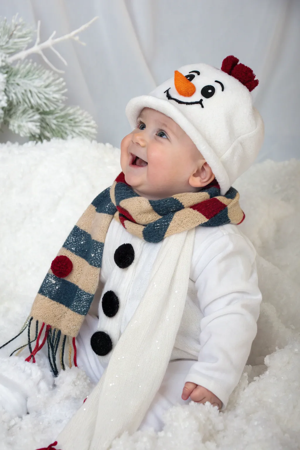 Capture the charm of winter with a snowman-themed baby photoshoot.