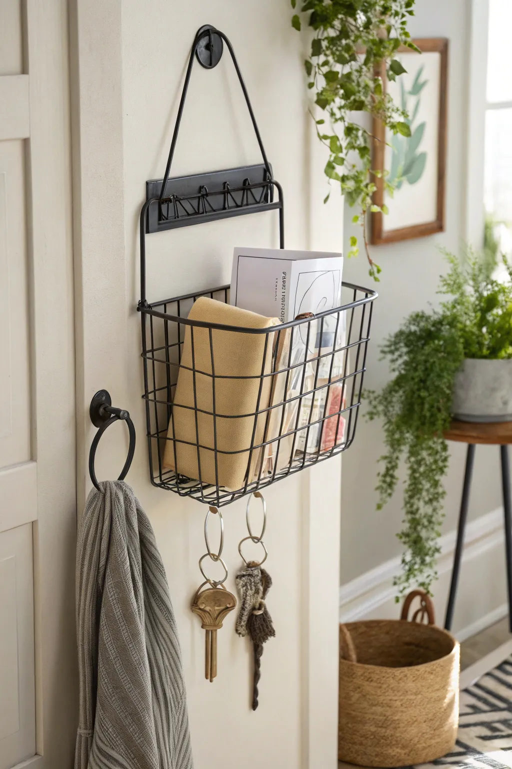Elevate your entryway with a touch of minimalist elegance. This chic wire basket keeps essentials organized while adding a stylish flair to your space.