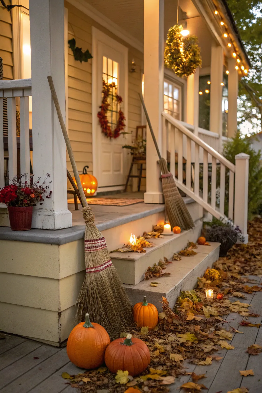 Welcome guests with a magical touch using a witch broom display on your porch.