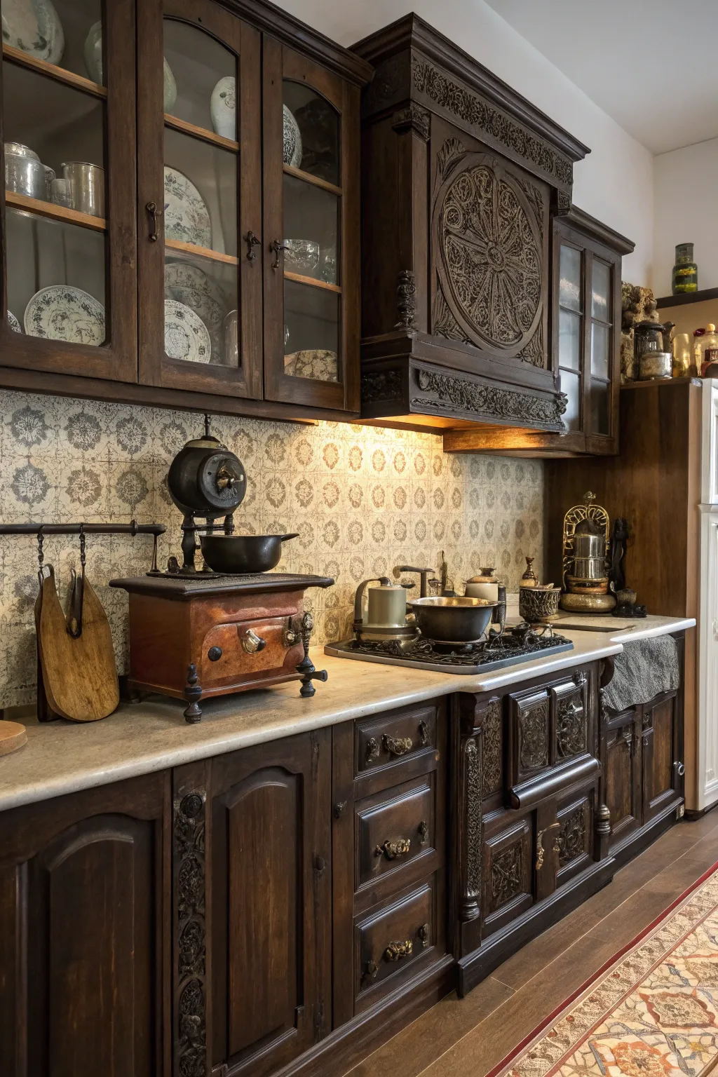 Dark wood cabinets create an elegant and mysterious ambiance.