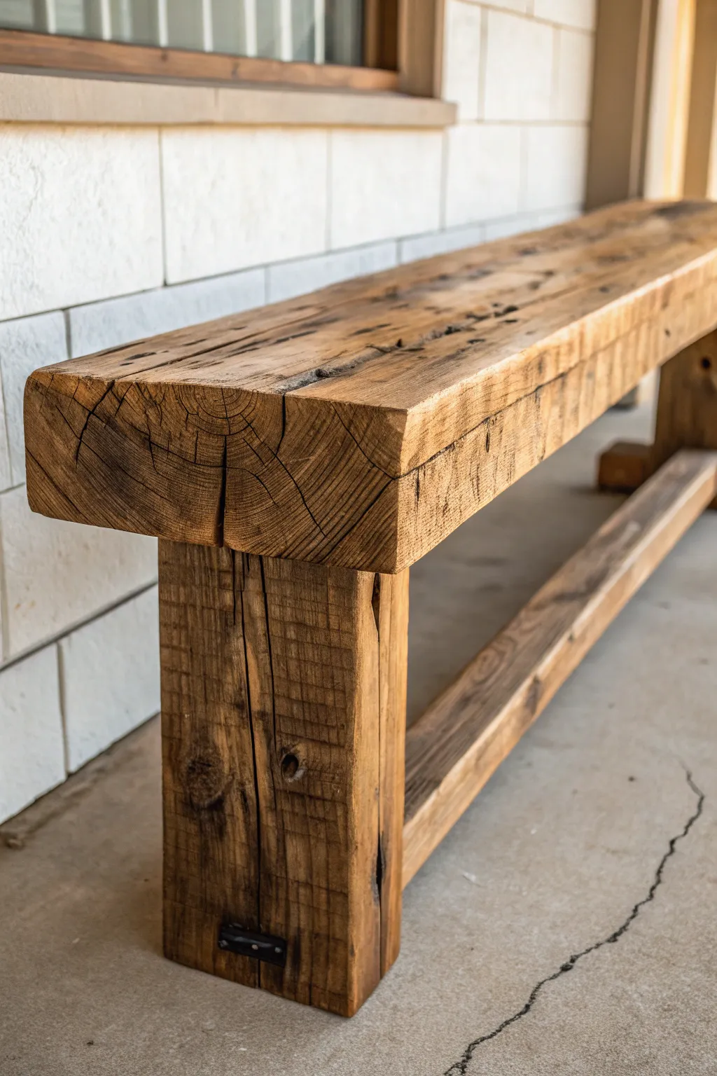 Experience rustic elegance with a bench that tells a story through its reclaimed wood charm.