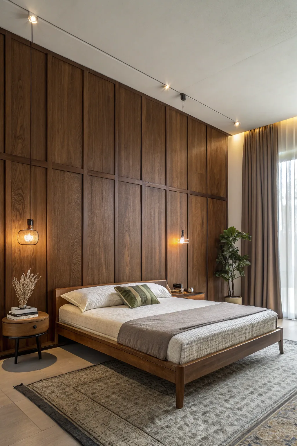 Wood paneling adds depth and warmth to any bedroom.