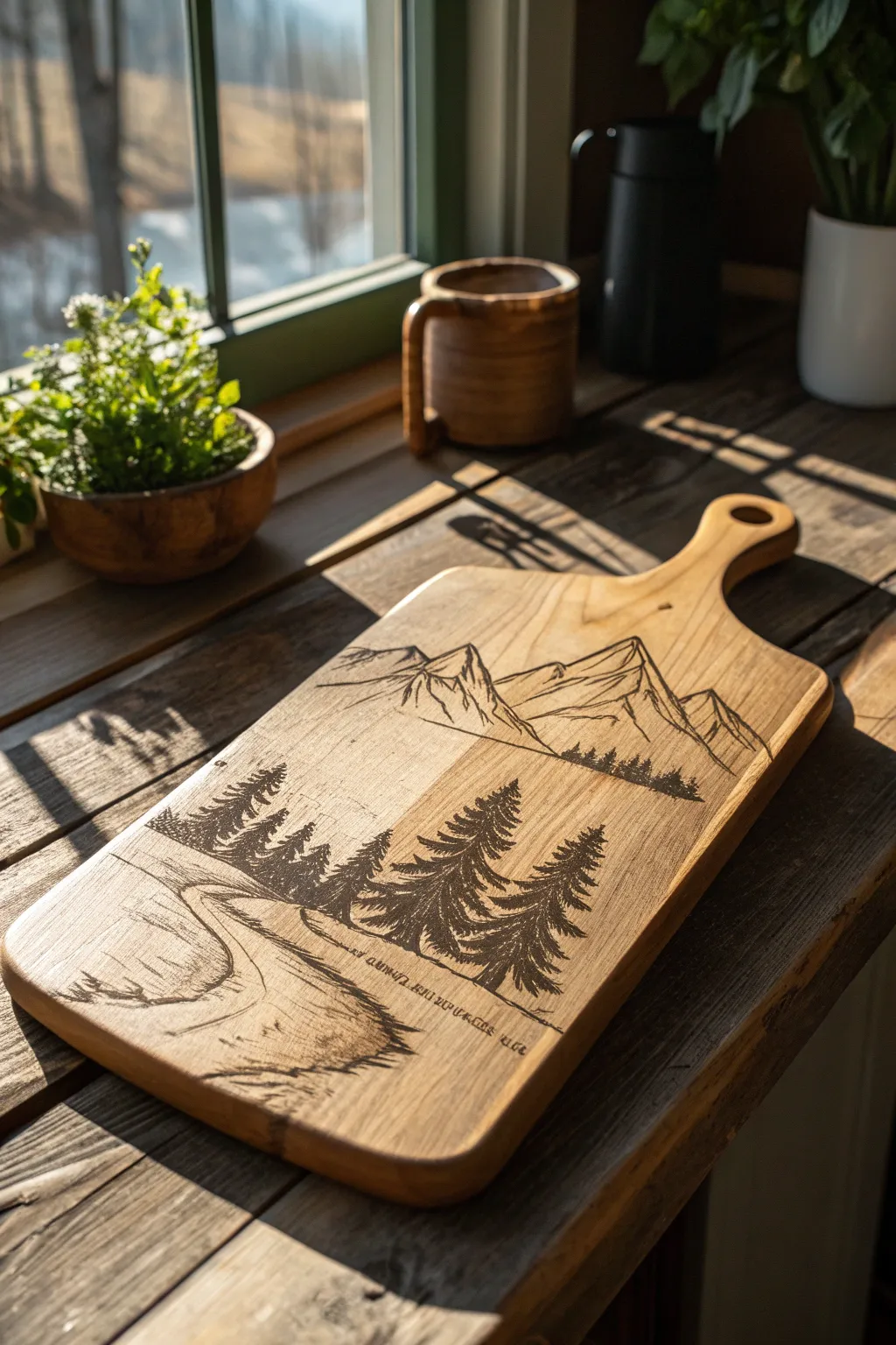 Bring the tranquility of the mountains into your kitchen with this artfully etched cutting board.
