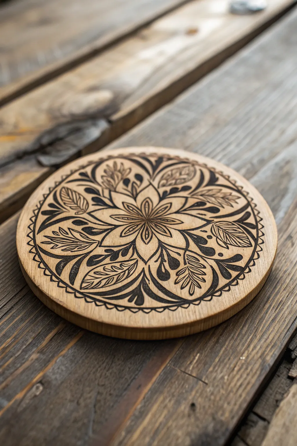 Intricate floral art meets craftsmanship: Elevate your coffee table with handmade wood-burned coasters.