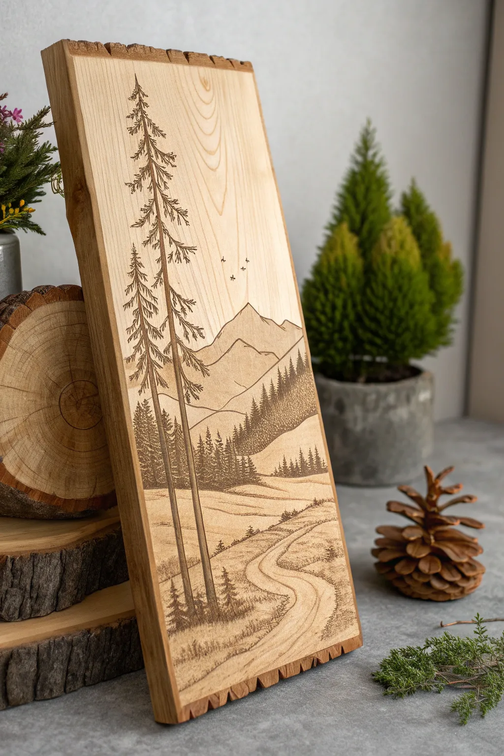 Embrace nature's beauty indoors with exquisite wood art that tells a serene forest story.