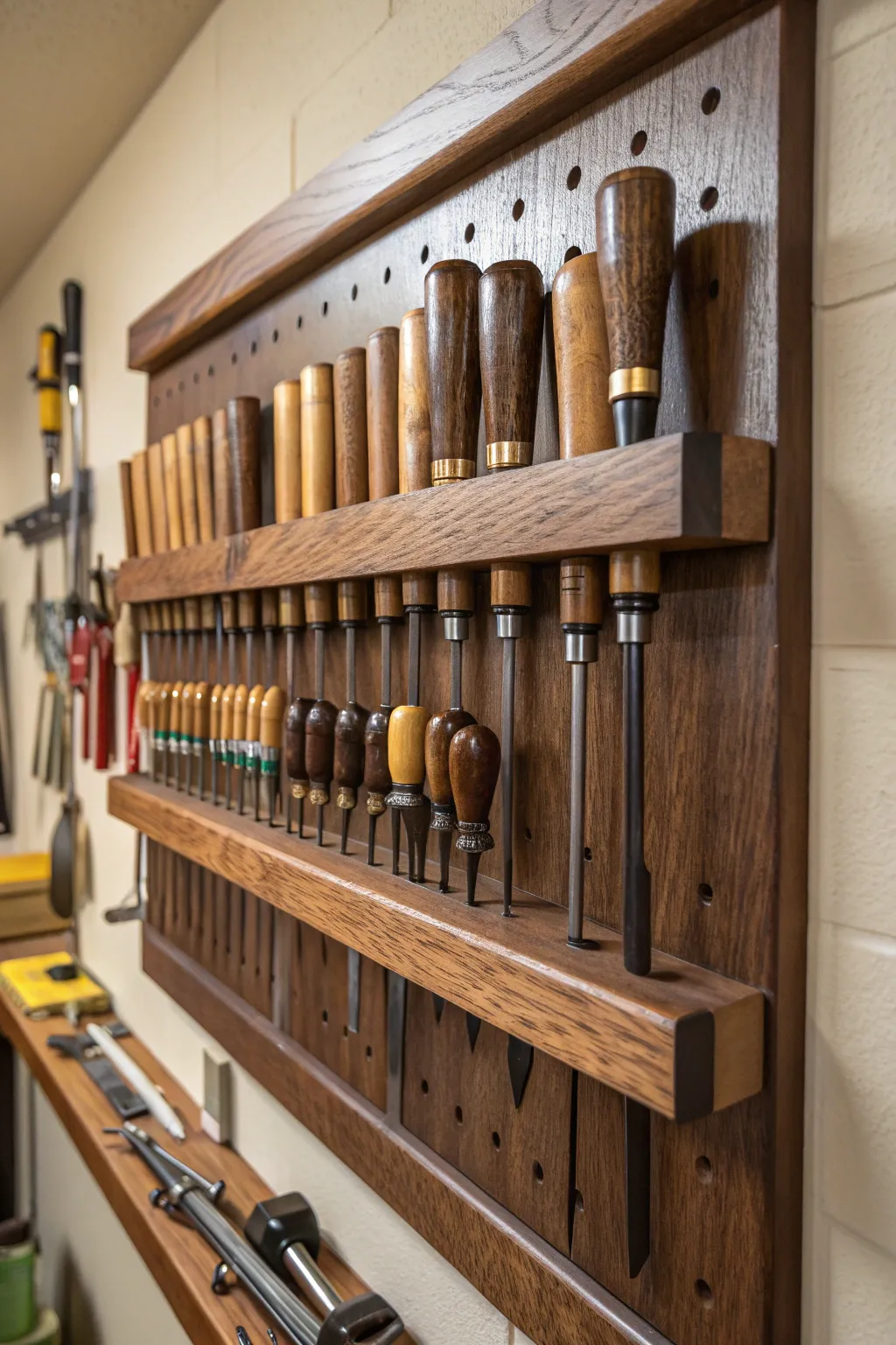 Elevate your workshop with a wall-mounted rack that marries functionality and craftsmanship.