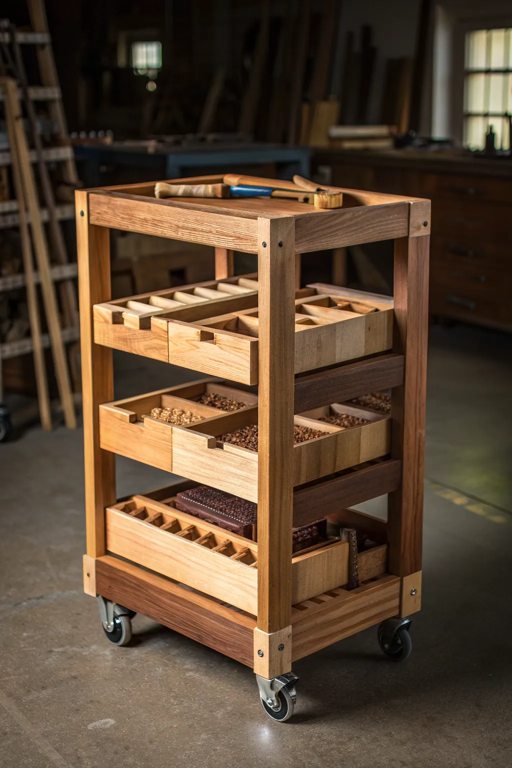 Effortlessly stylish and functional: A rolling cart that brings elegance and efficiency to your woodworking space.