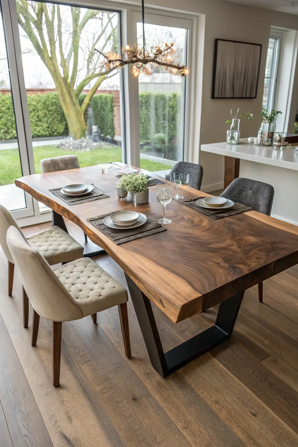 Experience the elegance of nature with a handcrafted walnut wood slab dining table, the heart of your dining room.