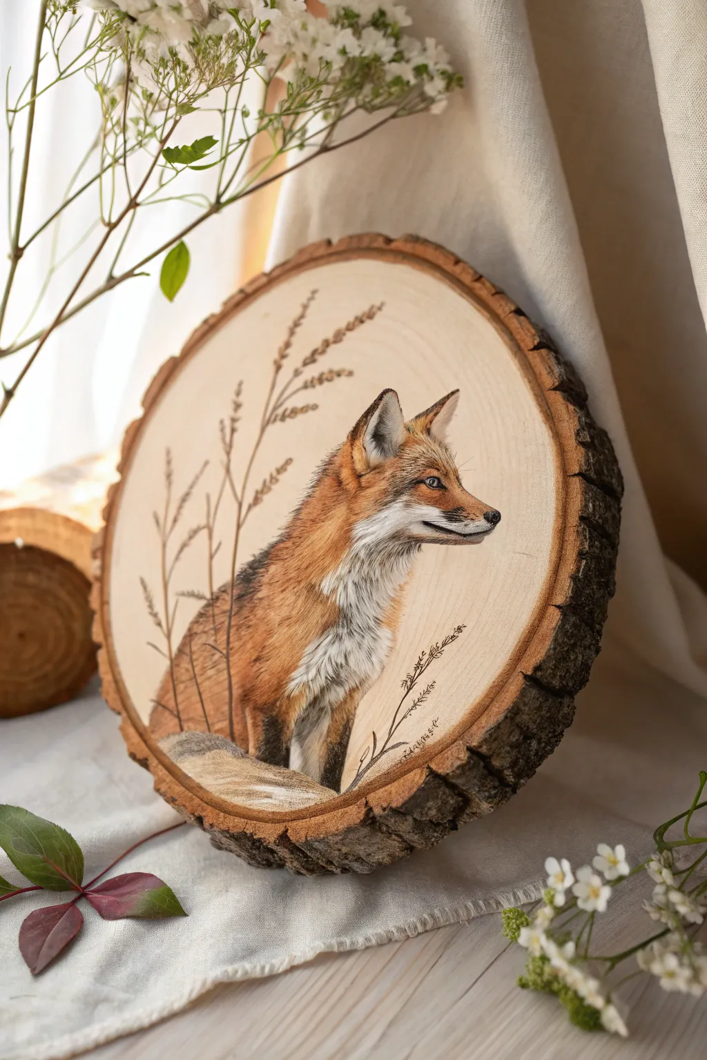 Bring a touch of whimsical woodland charm into your home with this beautifully crafted wood slice painting.