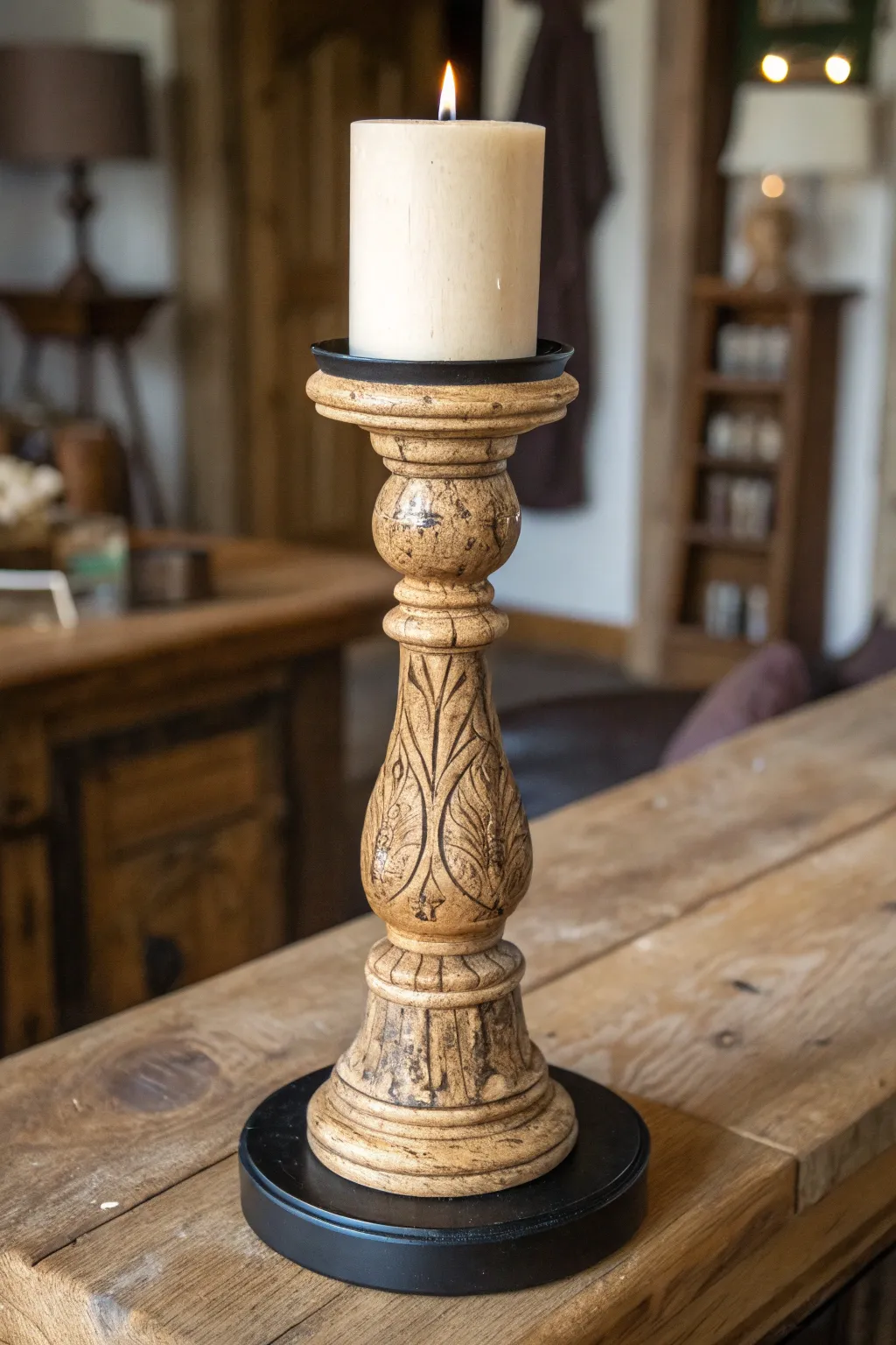 Elevate your dining experience with handcrafted spindle candlesticks that exude rustic charm.
