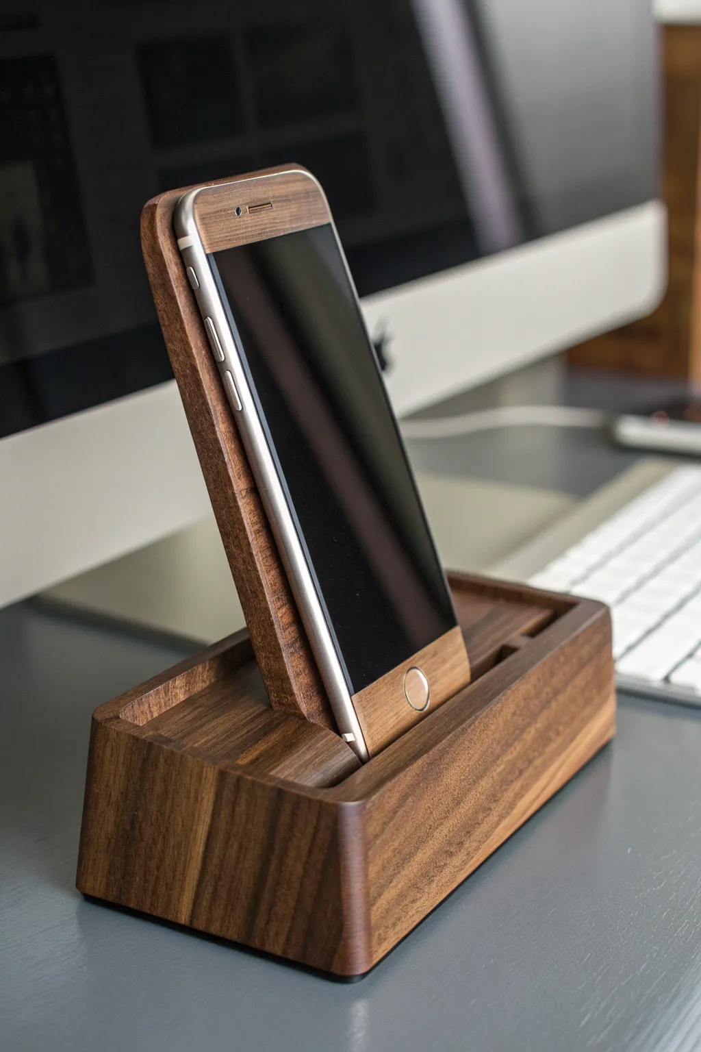 Elevate your workspace with this handcrafted walnut smartphone docking station for seamless style and functionality.