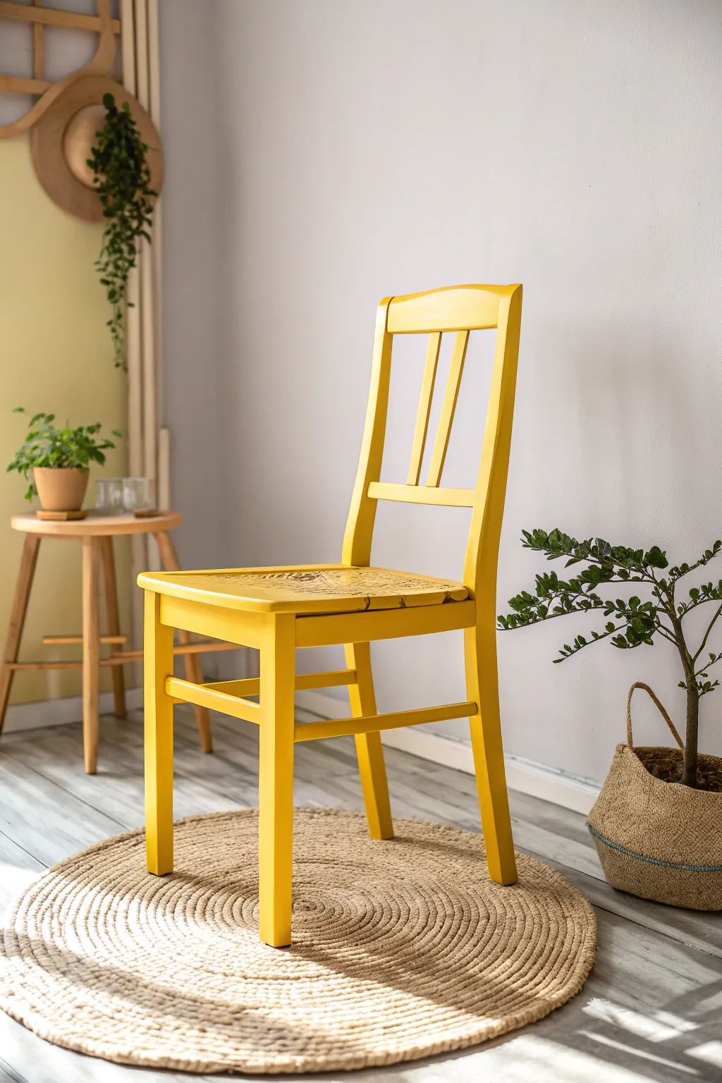 Transform your space with a splash of sunshine! 🌞 This vibrant chair makeover brings a touch of joy and simplicity to any room. #ScandiBoho #DIYDelight