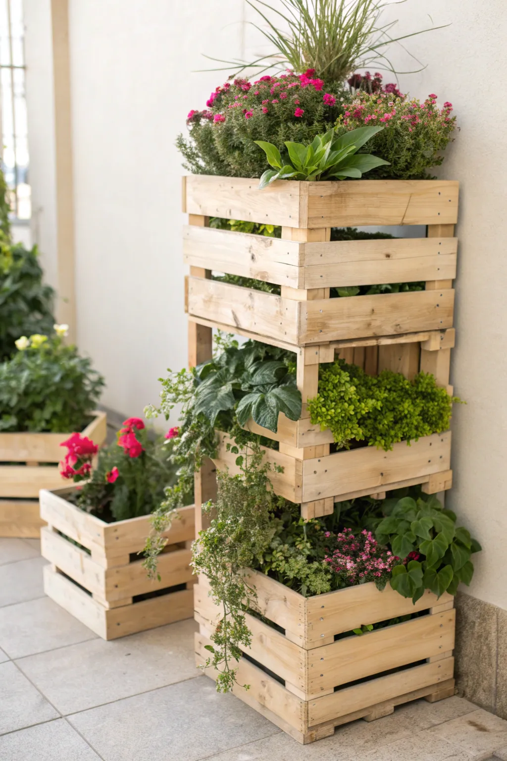 Transform your garden with this stunning vertical planter made from wooden crates. A blend of simplicity and natural beauty that saves space and delights the senses.
