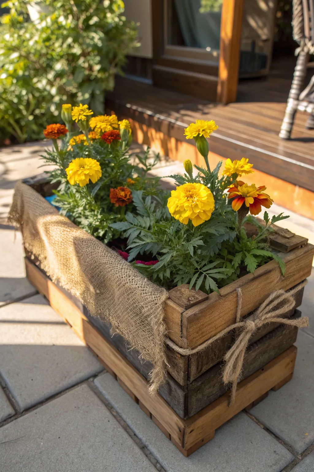Elevate your patio with handcrafted charm: Wooden crates turned vibrant marigold planters.