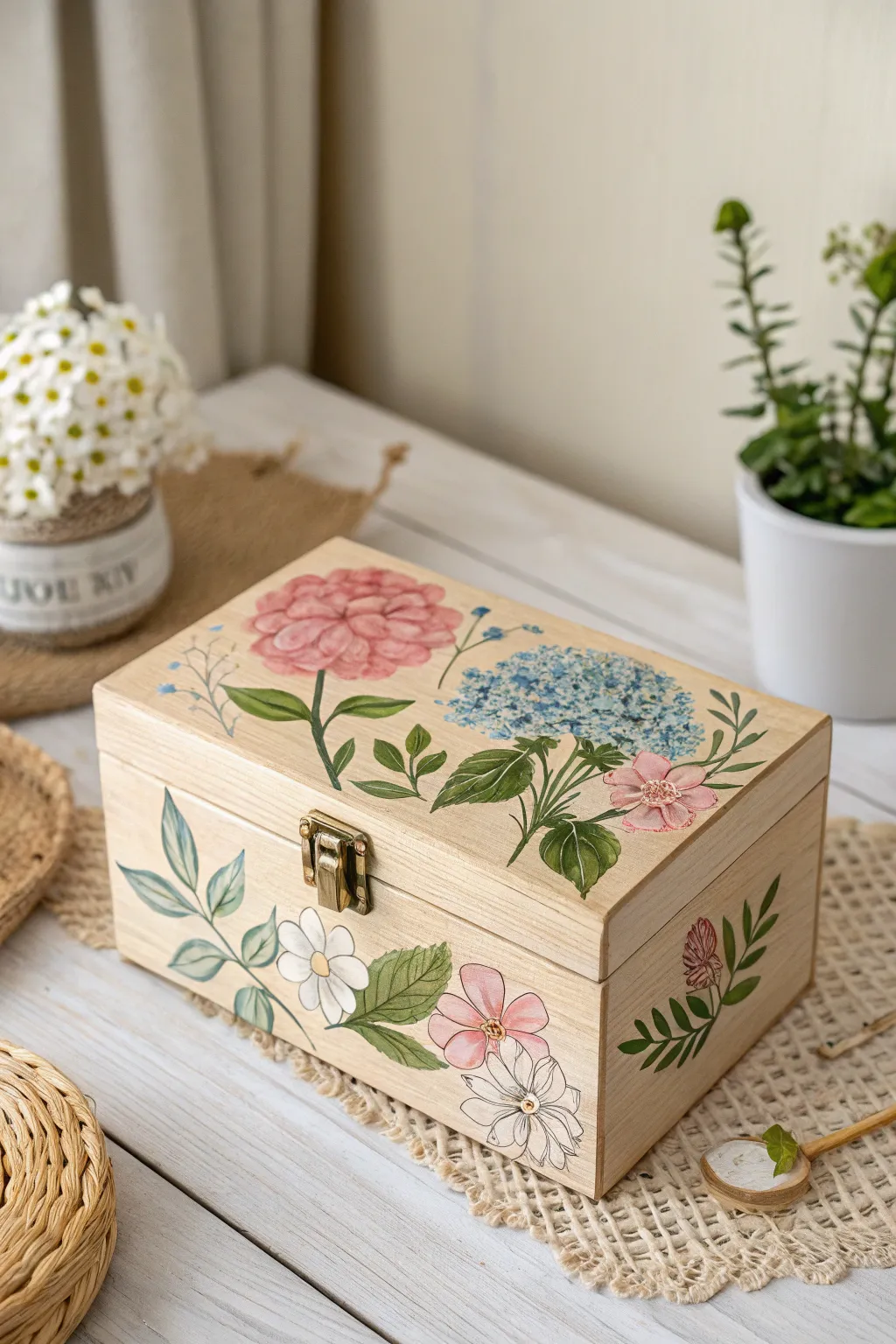 Transform your jewelry box into a Floral Fantasy with delicate hand-painted blooms, blending bold and pastel hues for timeless elegance.