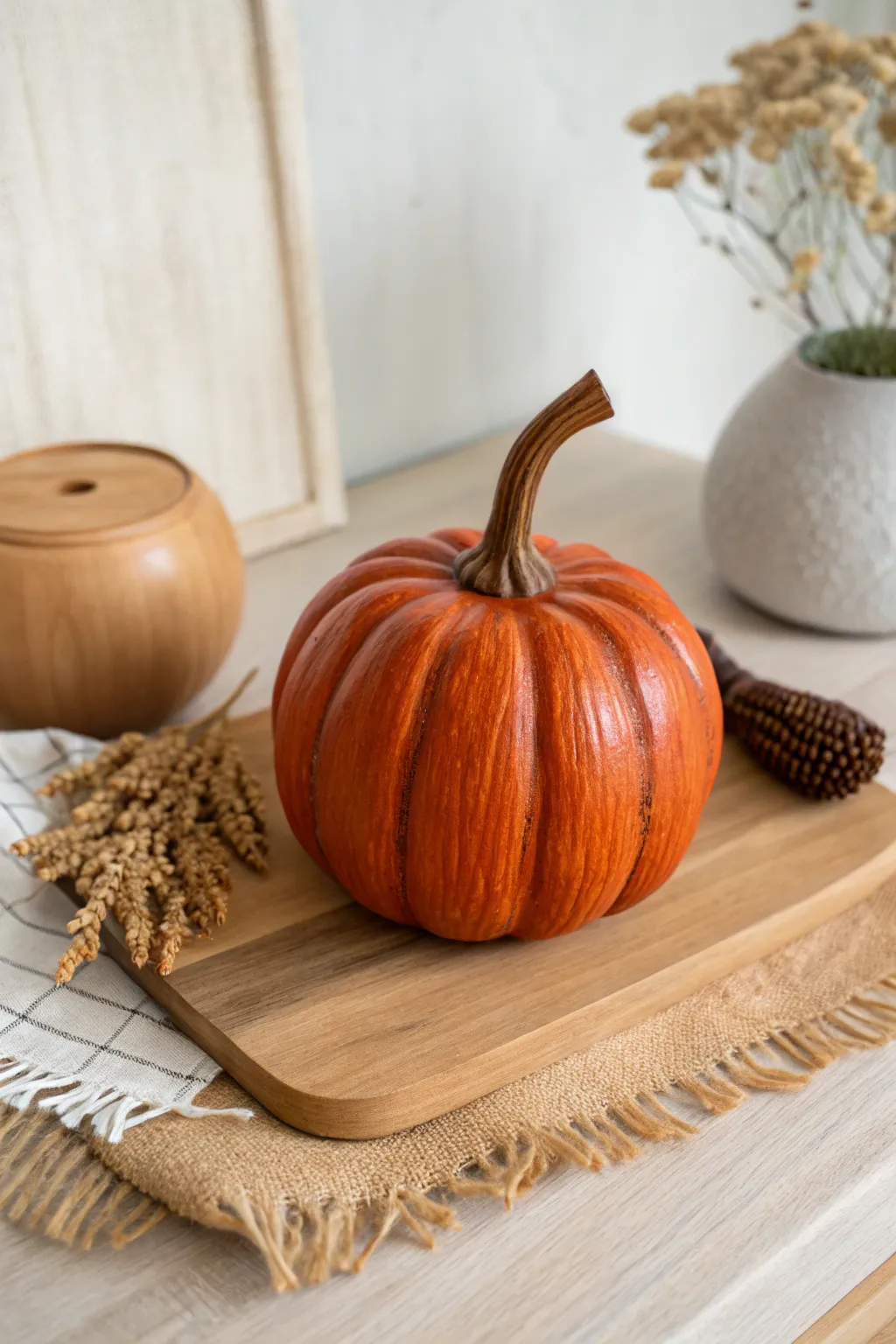 Embrace simplicity with a classic orange wooden pumpkin that brings rustic charm to your autumn decor.