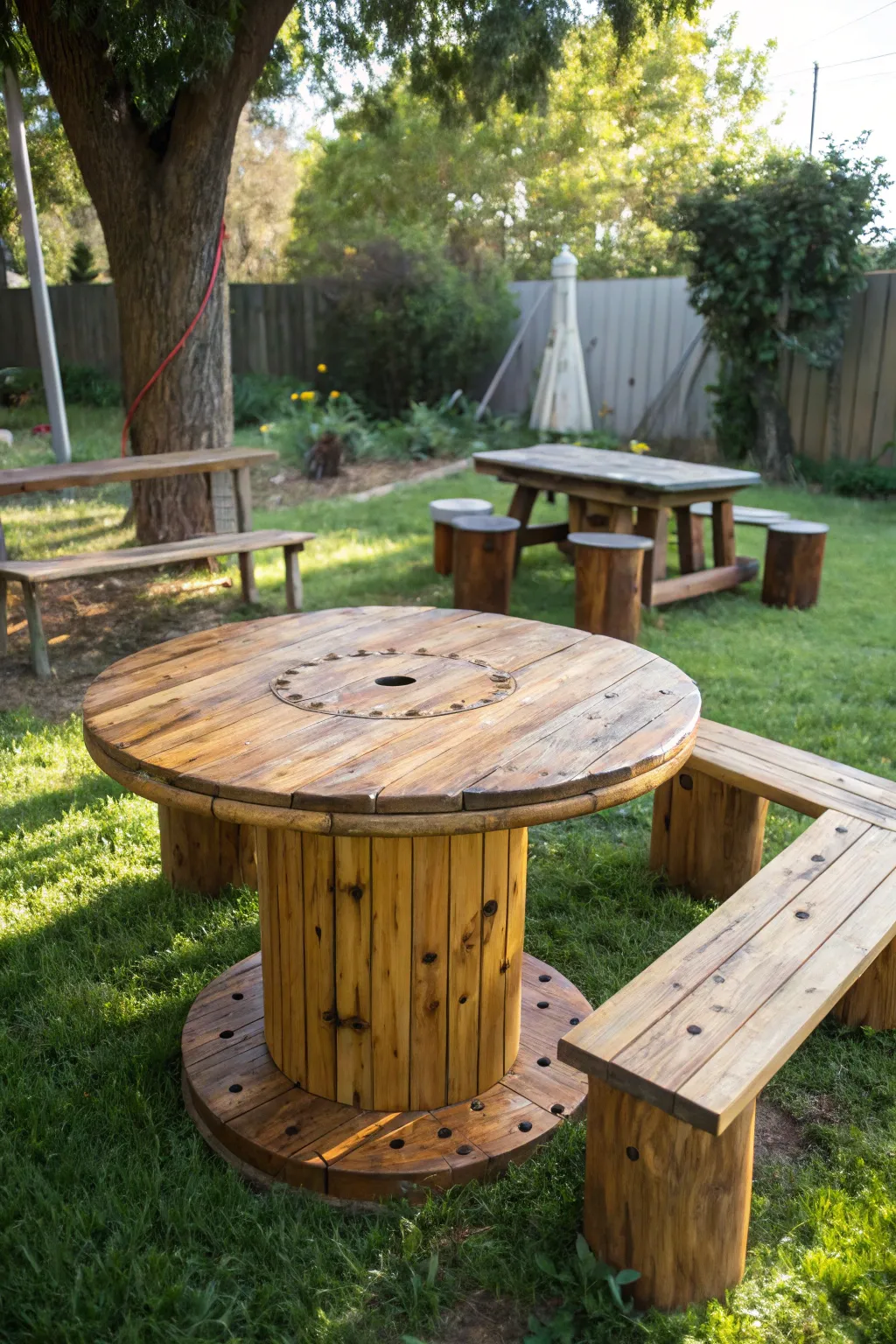 Transform your backyard with this charming wooden spool picnic table, perfect for sunny outdoor gatherings.