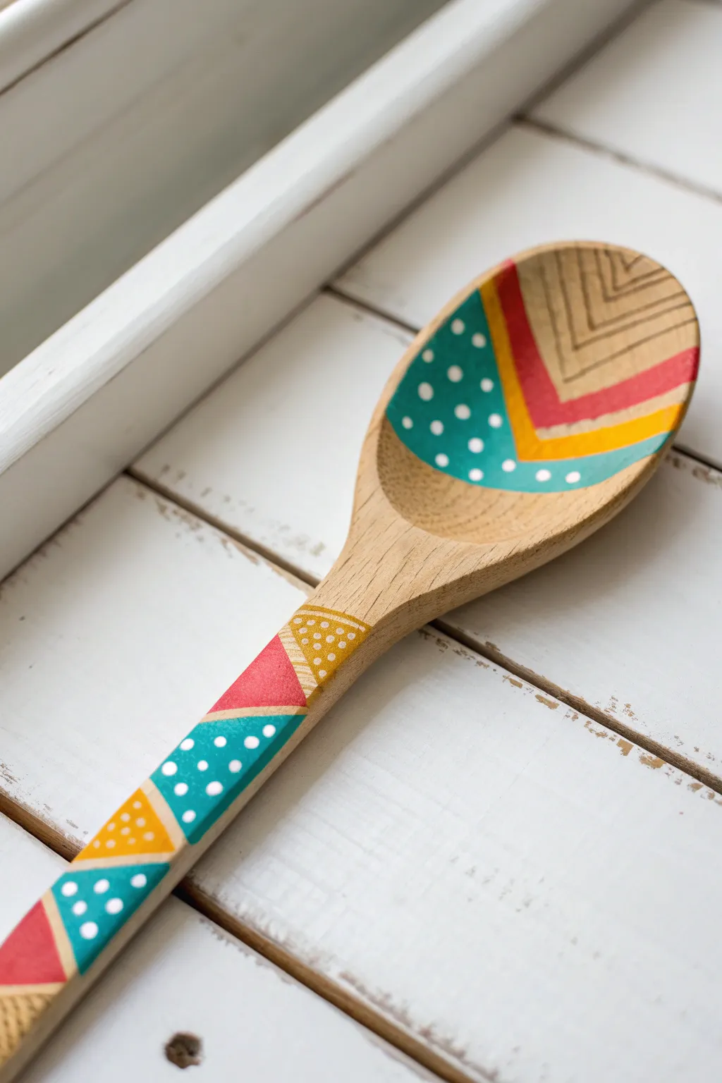 Elevate your kitchen decor with vibrant geometric designs on wooden spoons, blending Scandinavian simplicity with a boho touch.