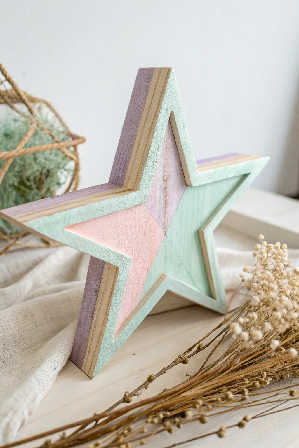 Embrace the season with pastel-painted wooden stars, blending minimalist elegance with boho charm.