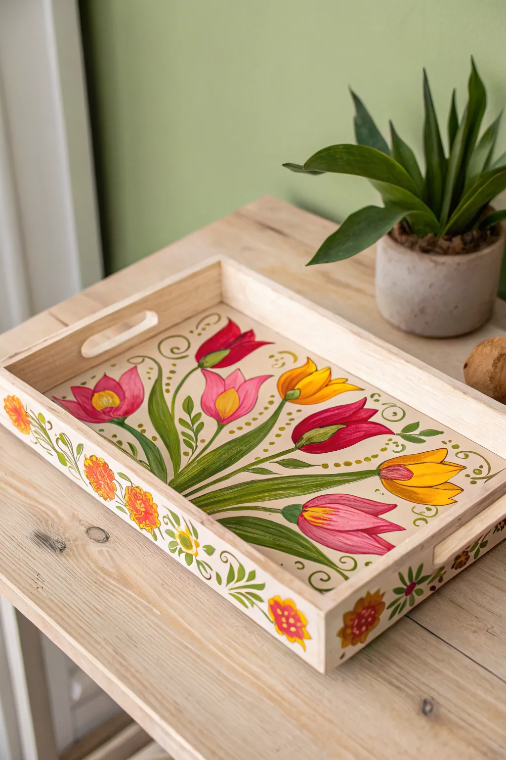Bring a touch of floral elegance to your home with this beautifully painted wooden tray.
