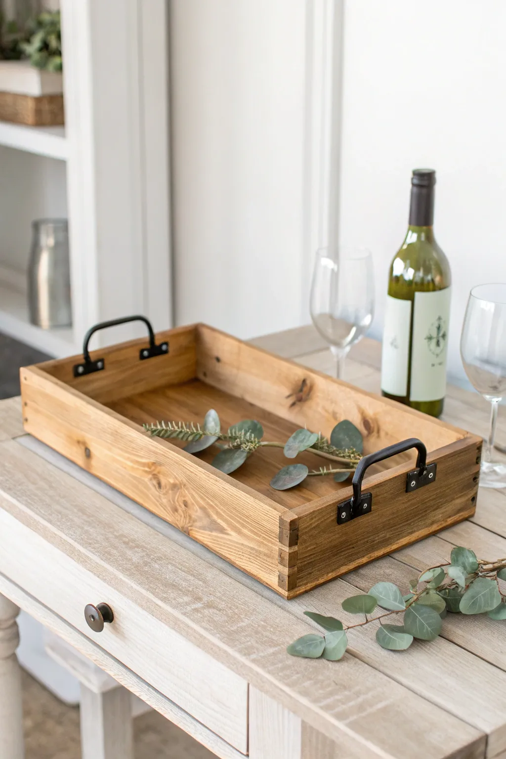 Transform rustic into elegant with this charming wooden wine box tray. Perfect for adding a touch of natural beauty to your space.