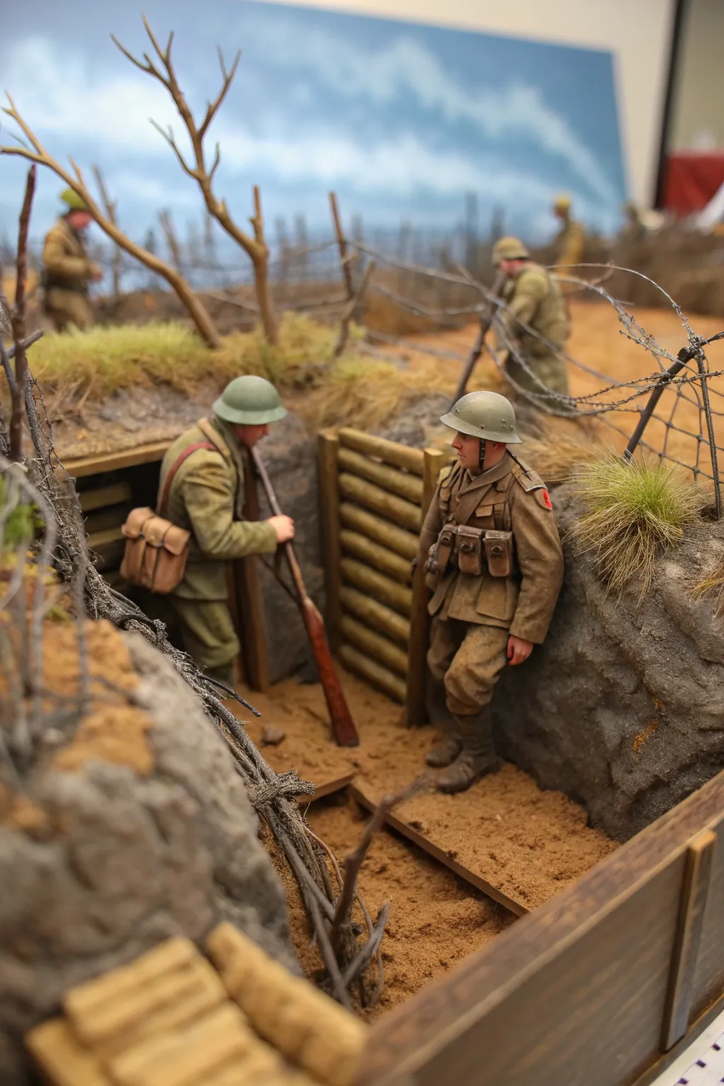 Step into a miniature world of history with this intricately crafted WWI trench diorama, where craftsmanship meets storytelling.