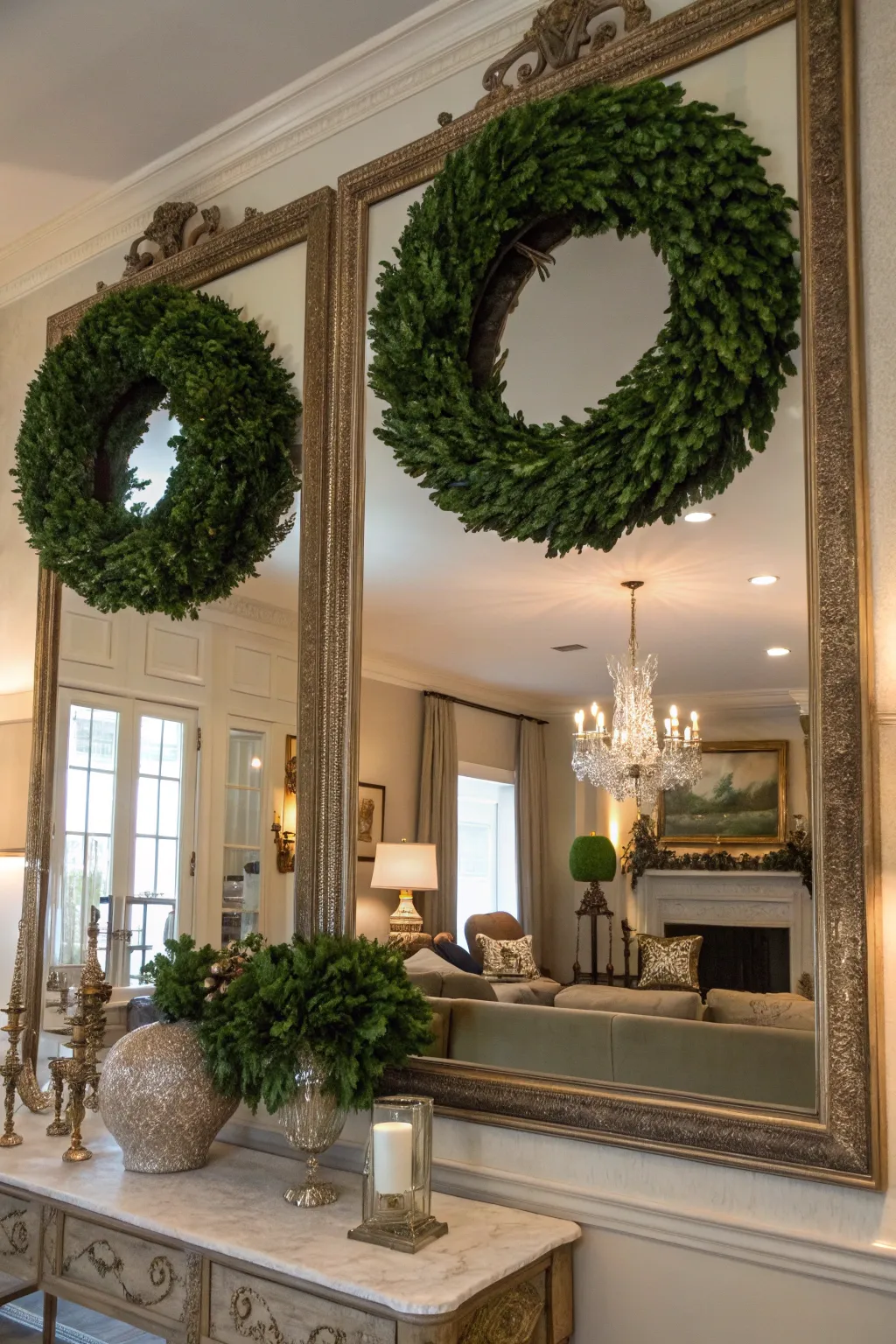 Double the wreaths, double the drama on a grand mirror.