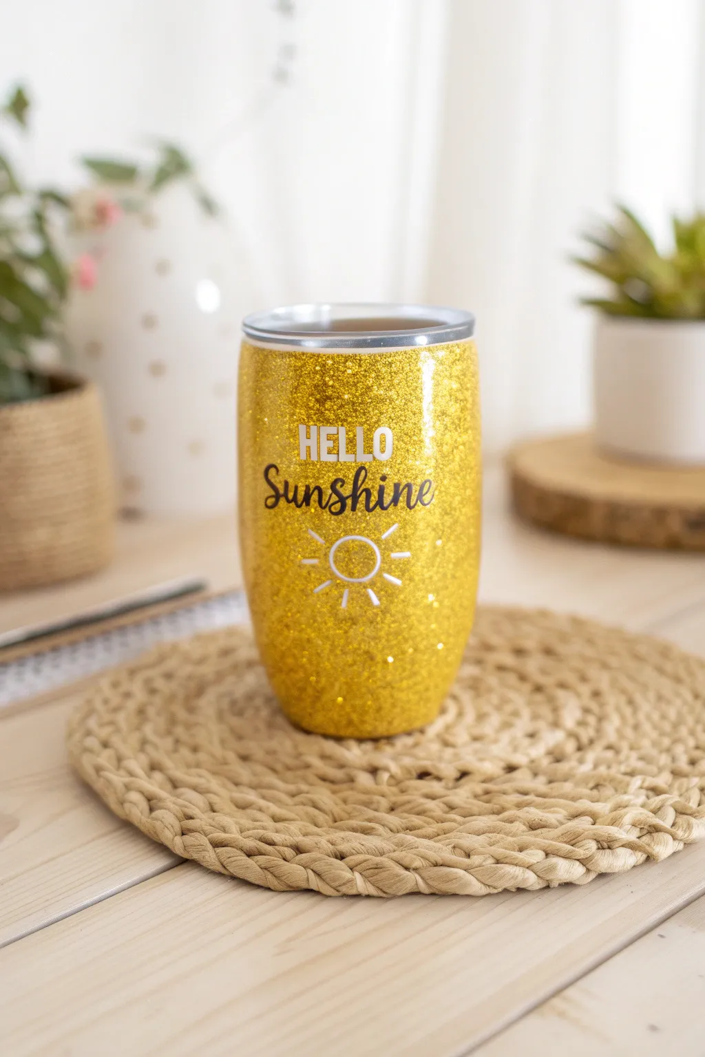 Sip in style with your own 'Hello Sunshine' glitter tumbler, where minimalism meets a touch of sparkle.
