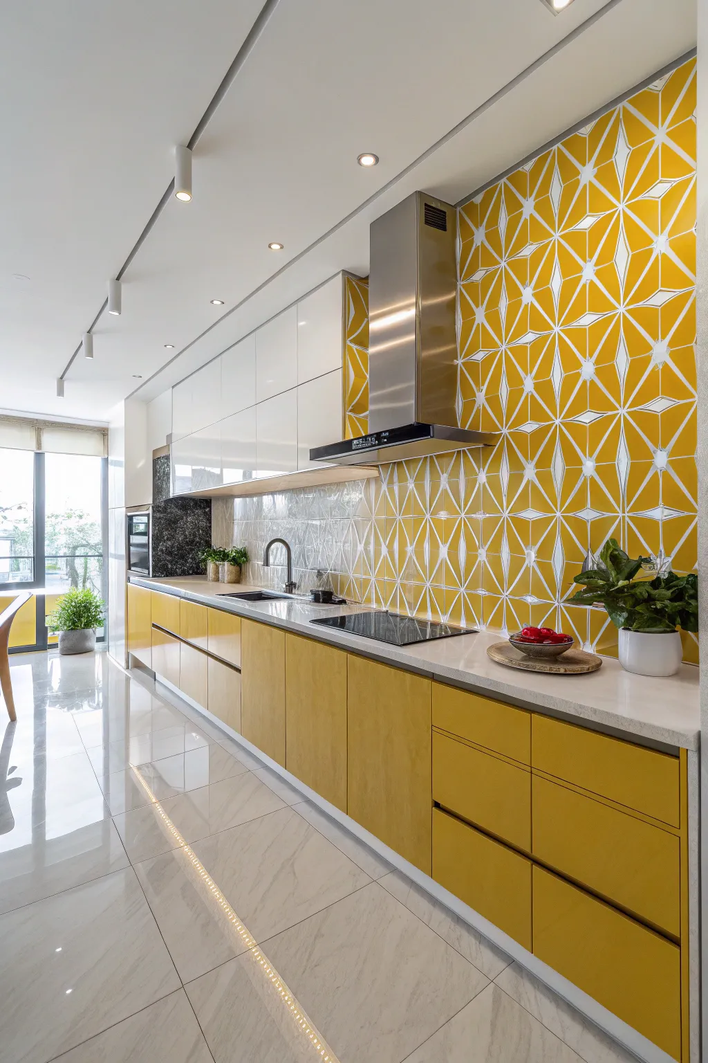 Geometric yellow tiles create a striking focal point in this modern kitchen.