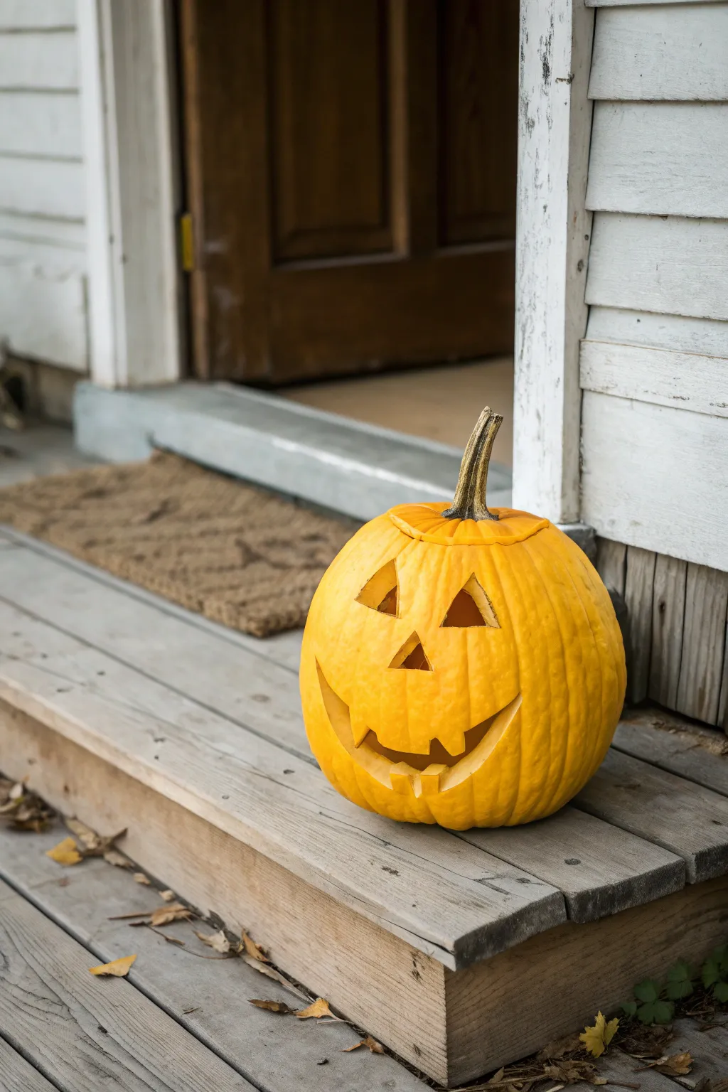 Bring sunshine to your decor with a cheerful yellow pumpkin carving.