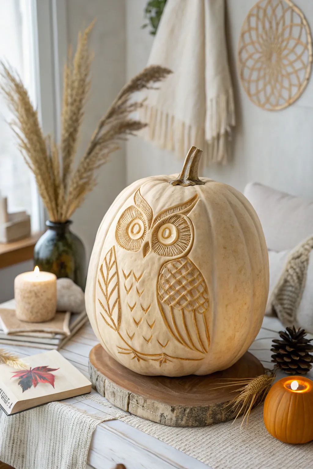 Elevate your autumn decor with this stunning owl pumpkin carving, where craftsmanship meets natural elegance.