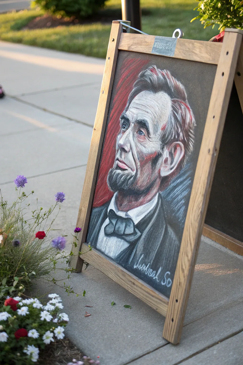 Celebrate the 4th of July with a touch of artistry: a patriotic chalk portrait of Abraham Lincoln that embodies simplicity and craftsmanship.