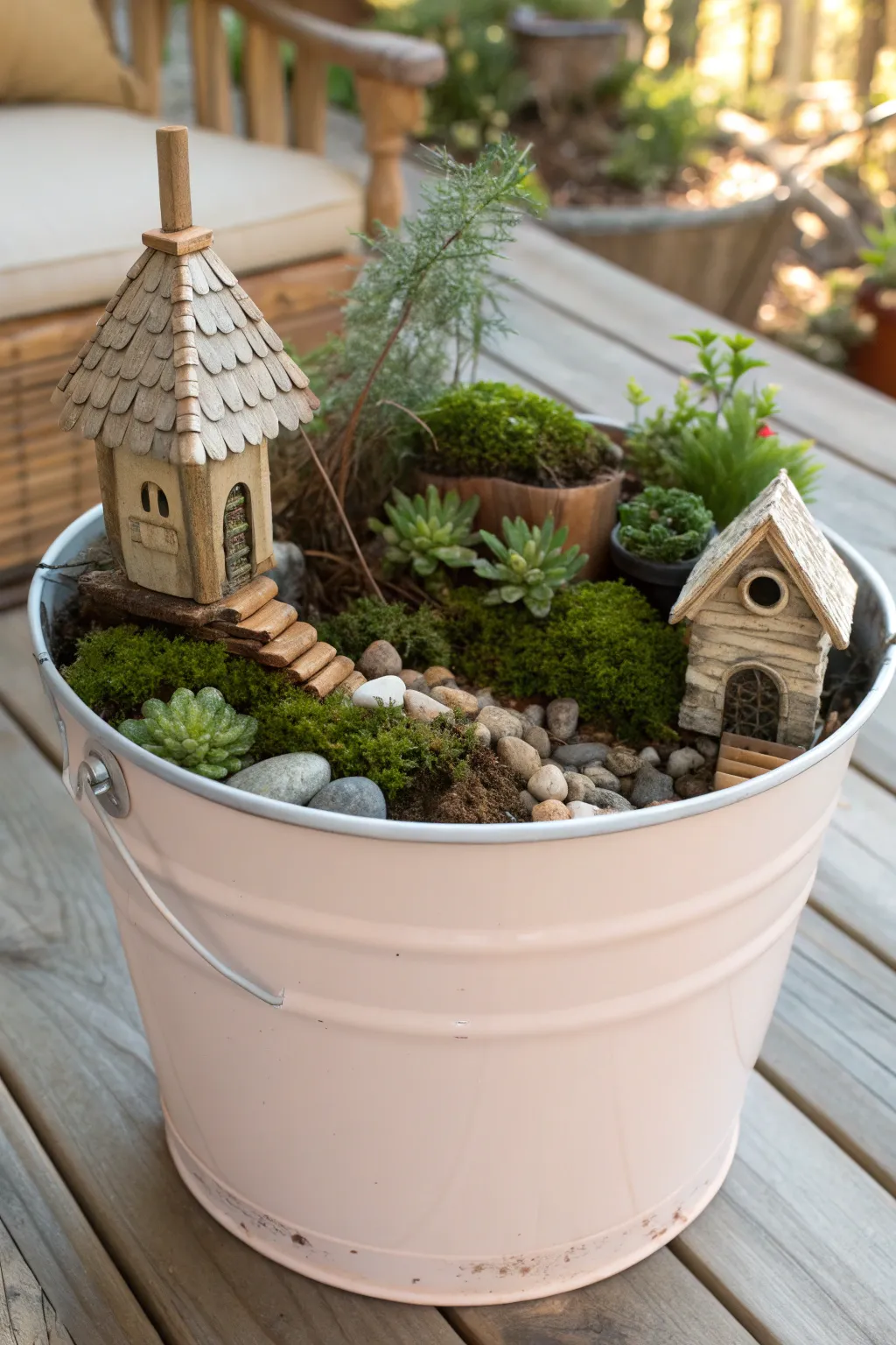 Enchant your space with a whimsical fairy garden in a bucket, where simplicity meets magical charm!
