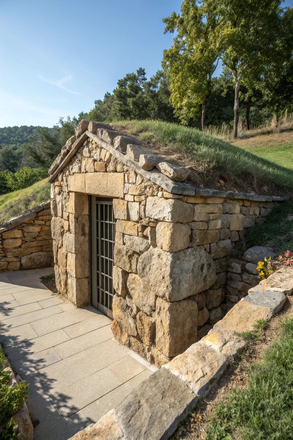 Discover the rustic elegance of stonework with this stunning above-ground root cellar.