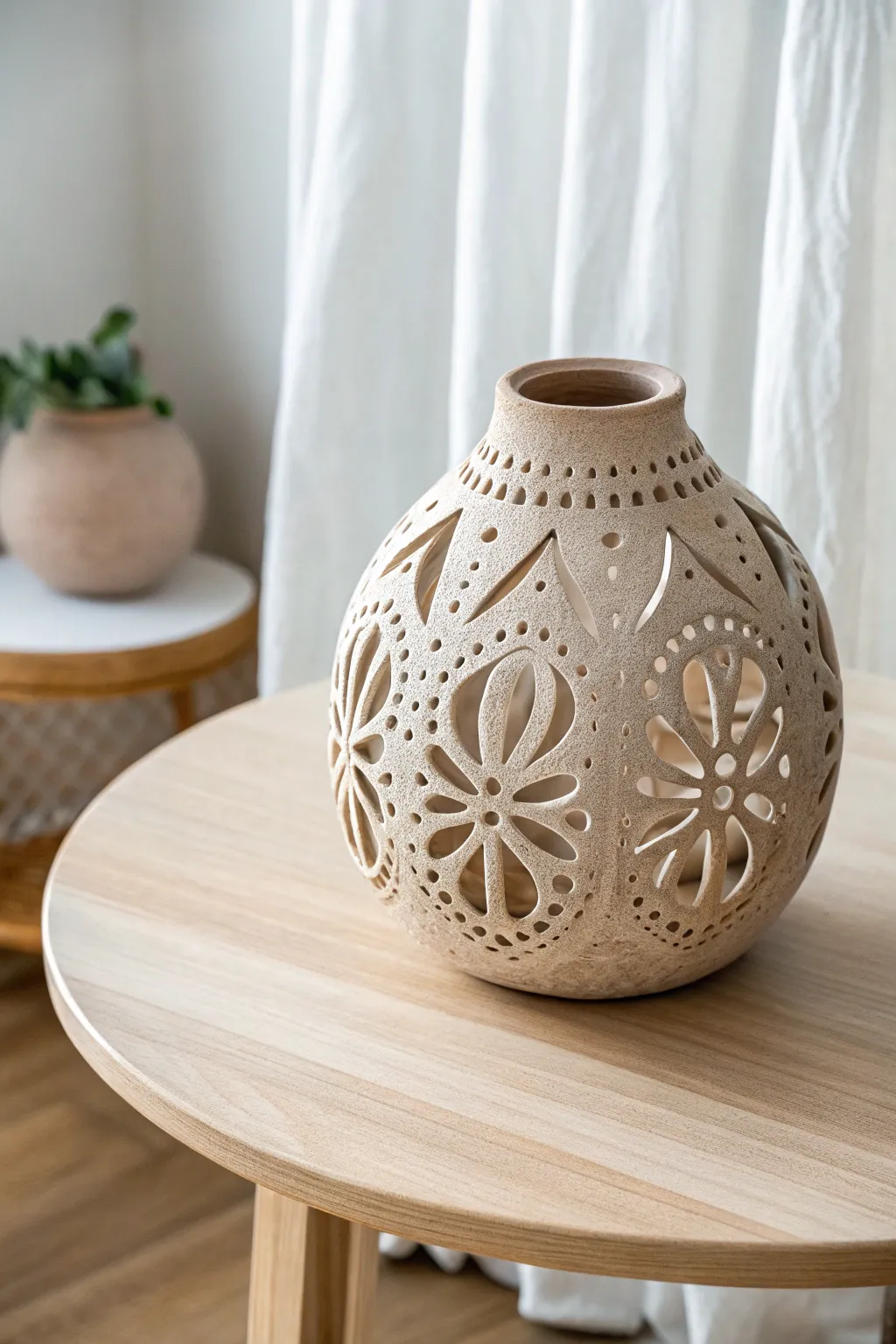 Embrace the elegance of negative space with this lace-inspired clay sculpture, where light dances through every opening.