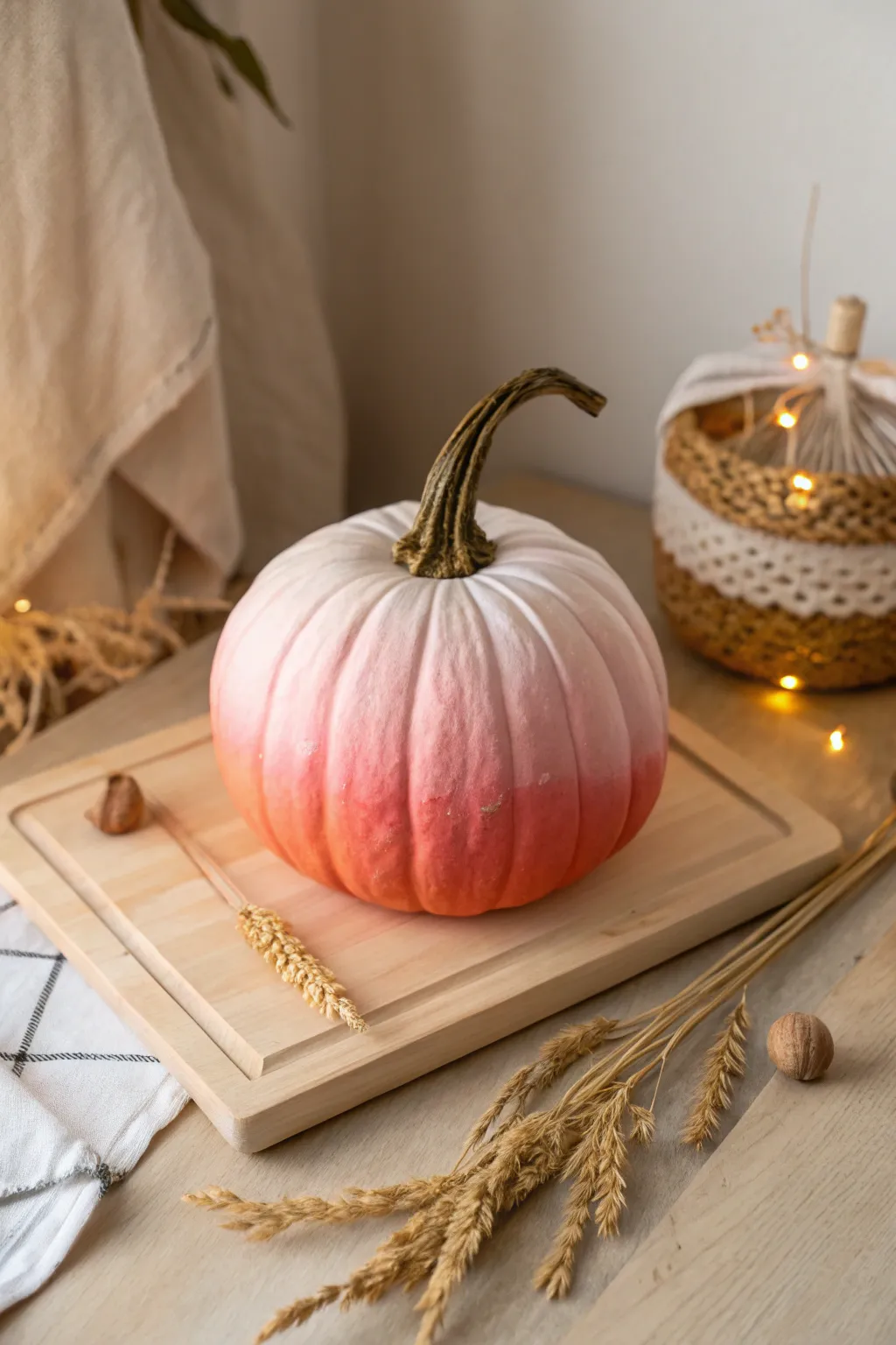 Embrace the art of ombre with this beautifully painted pumpkin, perfect for adding a touch of elegance to your autumn decor.