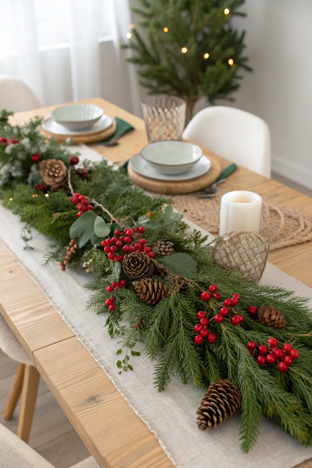 Bring the outdoors inside with a stunning nature-inspired table runner, perfect for a cozy and elegant holiday setting.