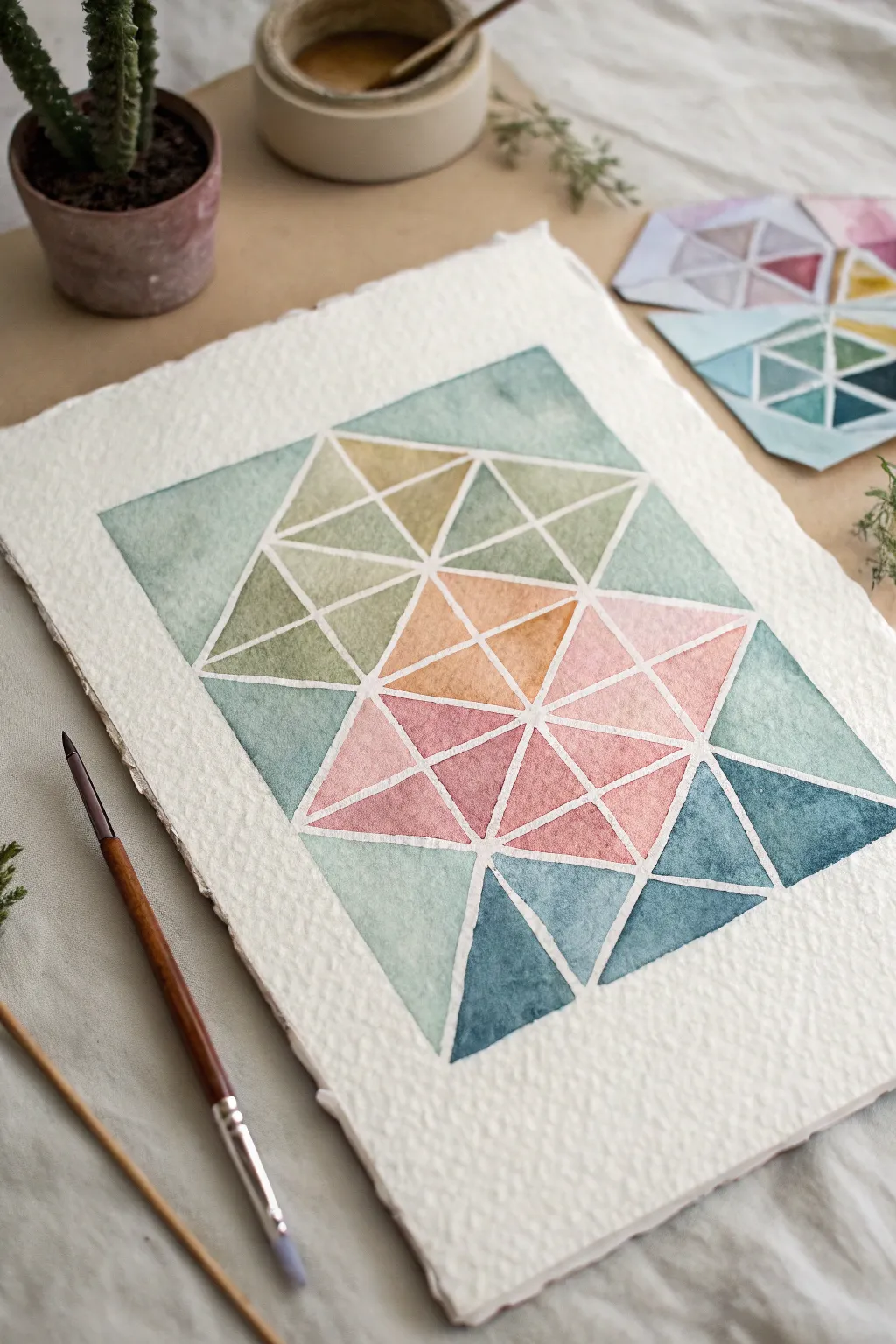 Discover the beauty of geometric watercolor art, where structure meets fluidity in a harmonious blend of pastel colors.