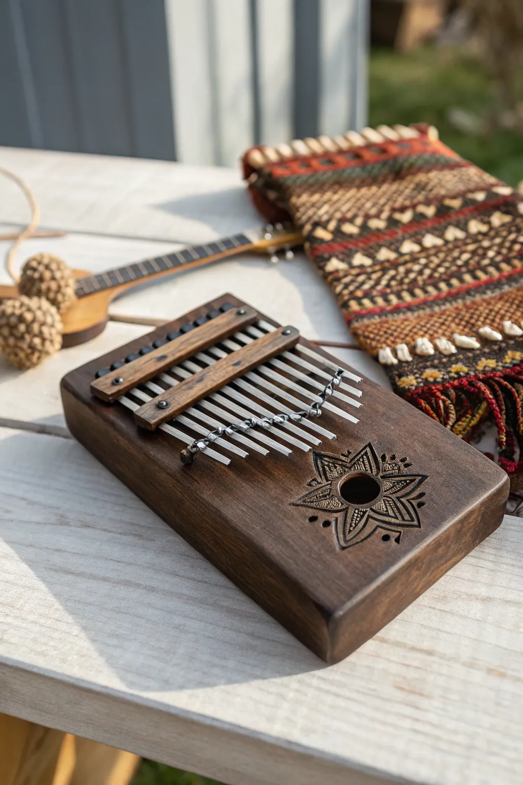Discover the charm of simplicity with a handcrafted African thumb piano, where natural beauty meets minimalist elegance.