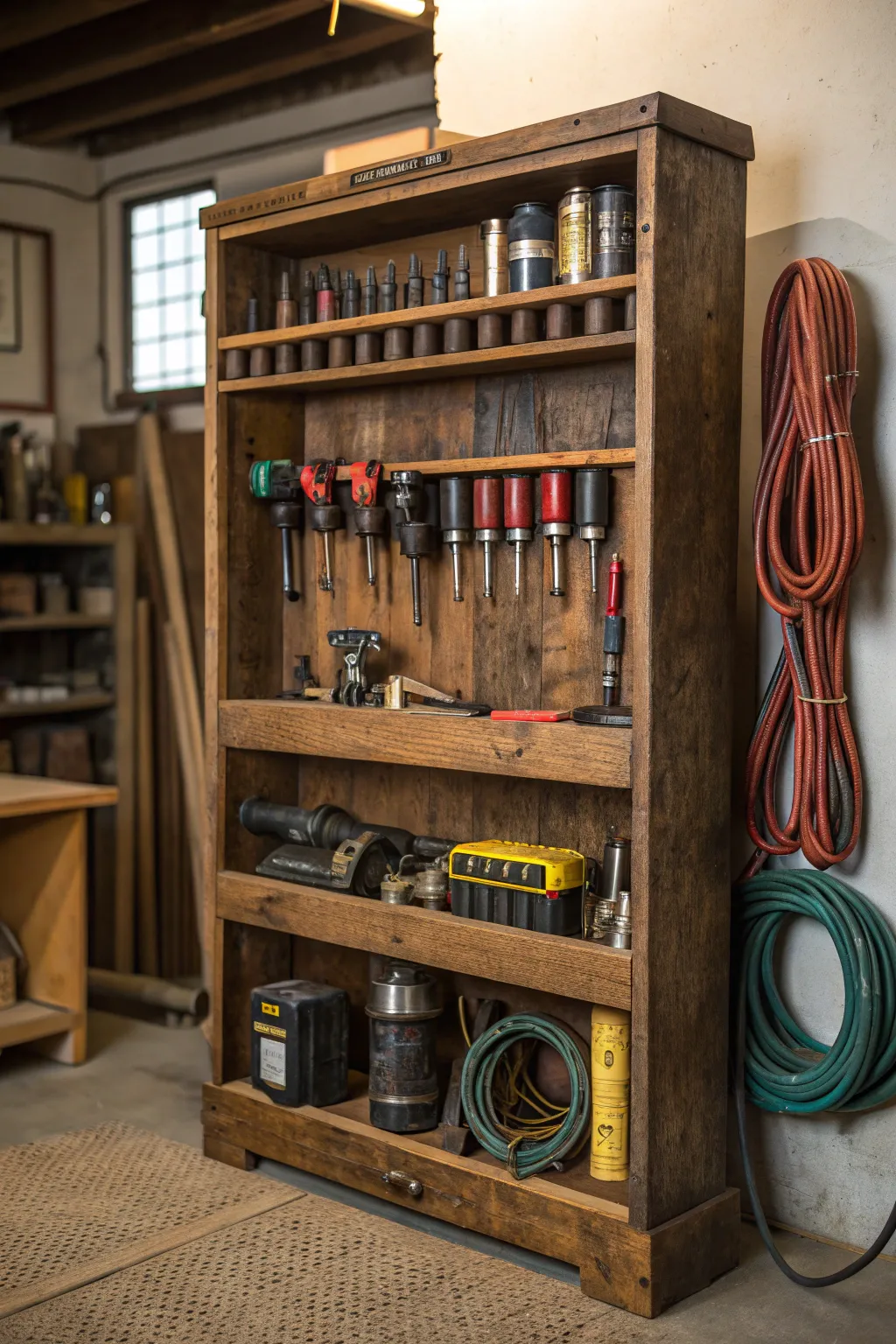 Transform vintage charm into functional elegance: Upcycle an old bookshelf for stylish air tool storage.