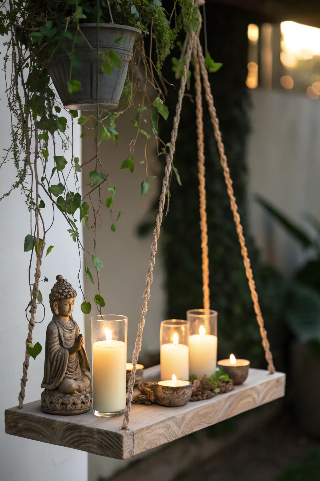 A floating shelf altar maximizes space without compromising on style.