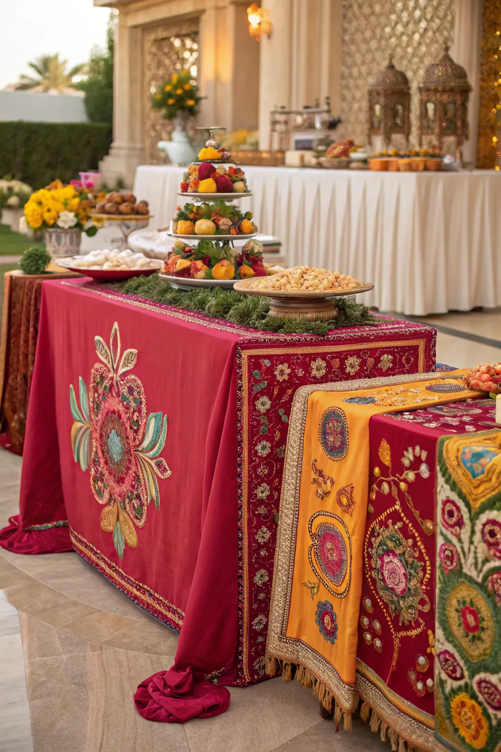 Luxurious table linens complementing the Annakut display.