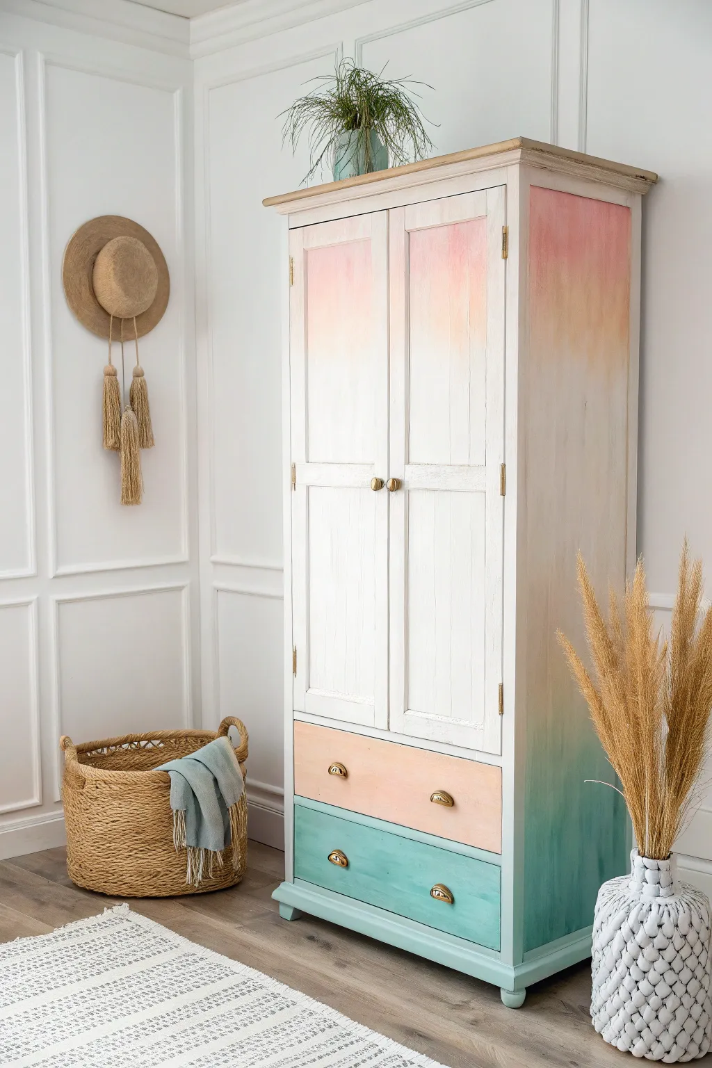 Transform your space with a touch of bohemian charm! This gradient-painted armoire brings artistry and elegance to any room.