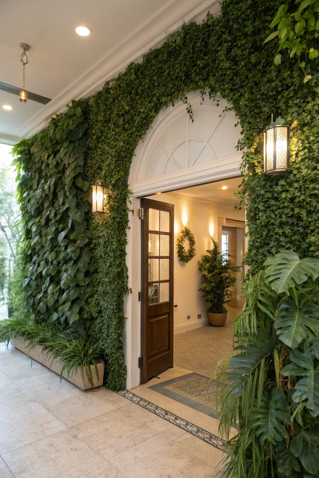 A plant wall creates a welcoming entryway.