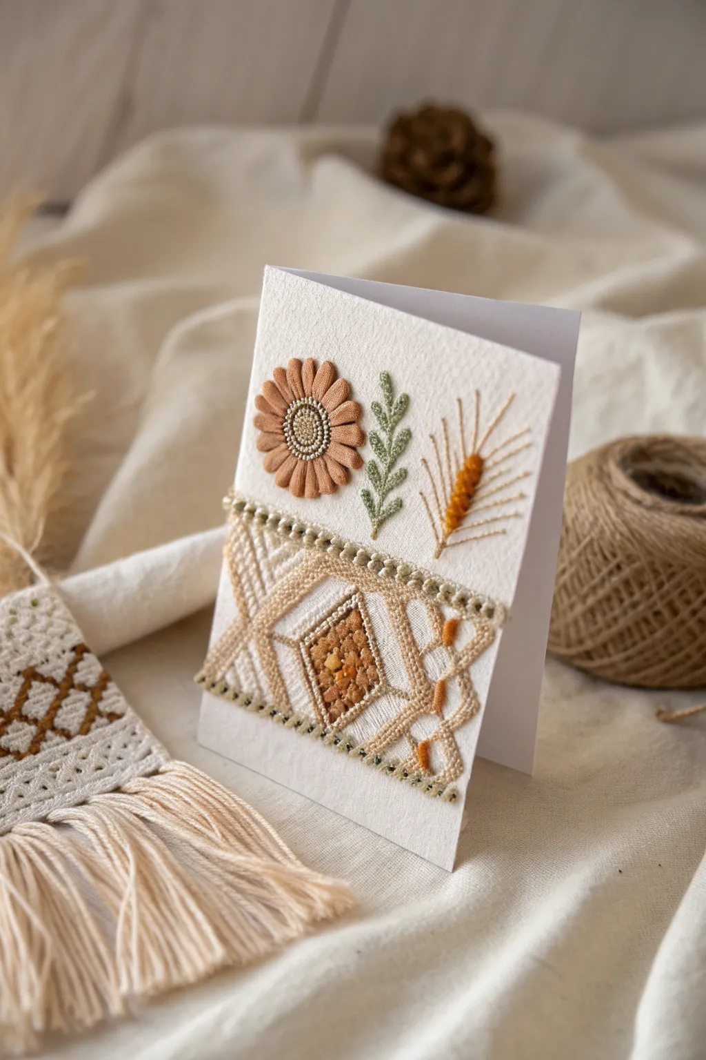 Embrace the beauty of texture with this handcrafted fabric and embroidery artist trading card. A touch of boho elegance in minimalist design.