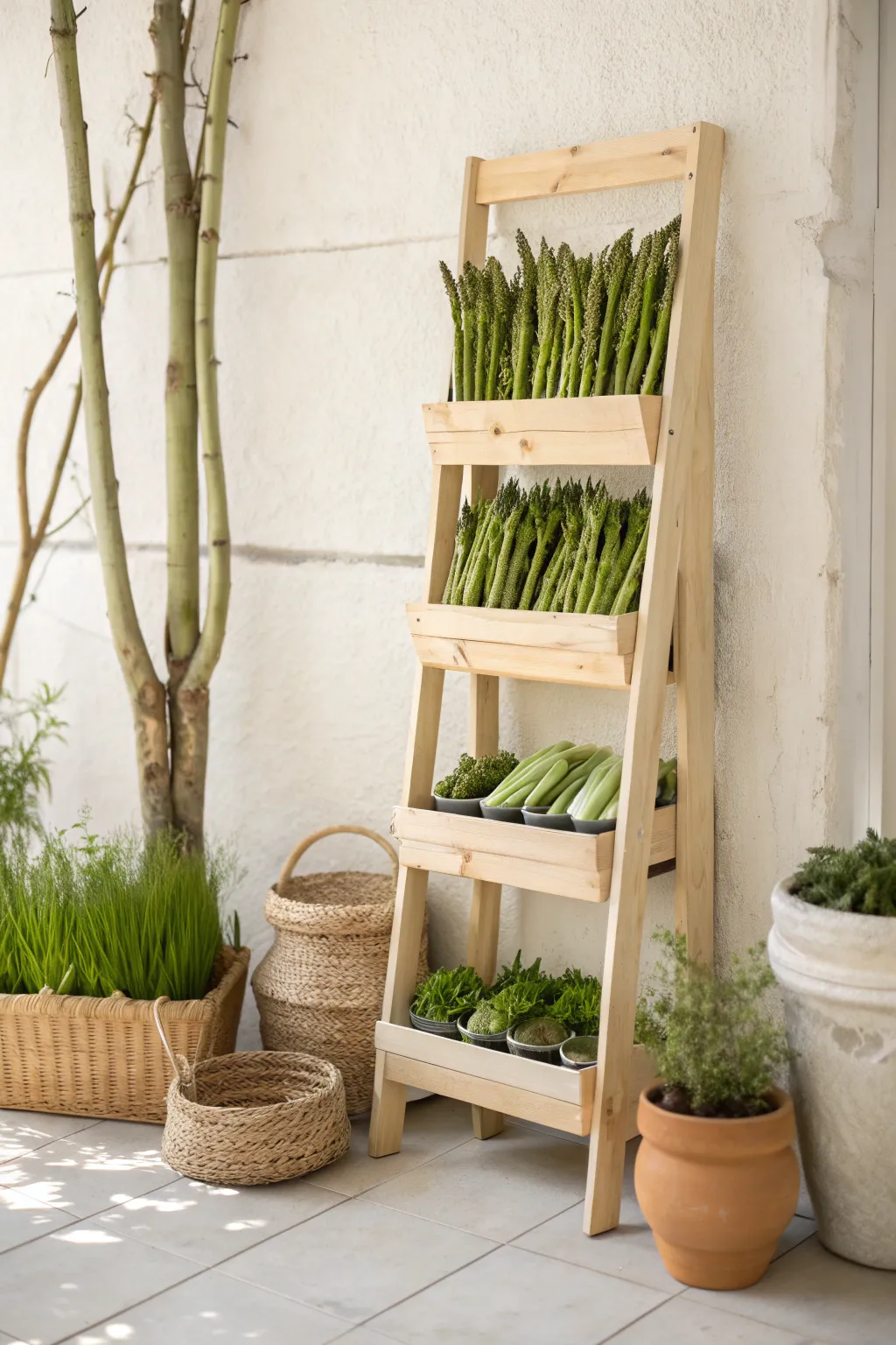 Transform your garden space with a vertical asparagus bed that blends Scandinavian simplicity with boho elegance.