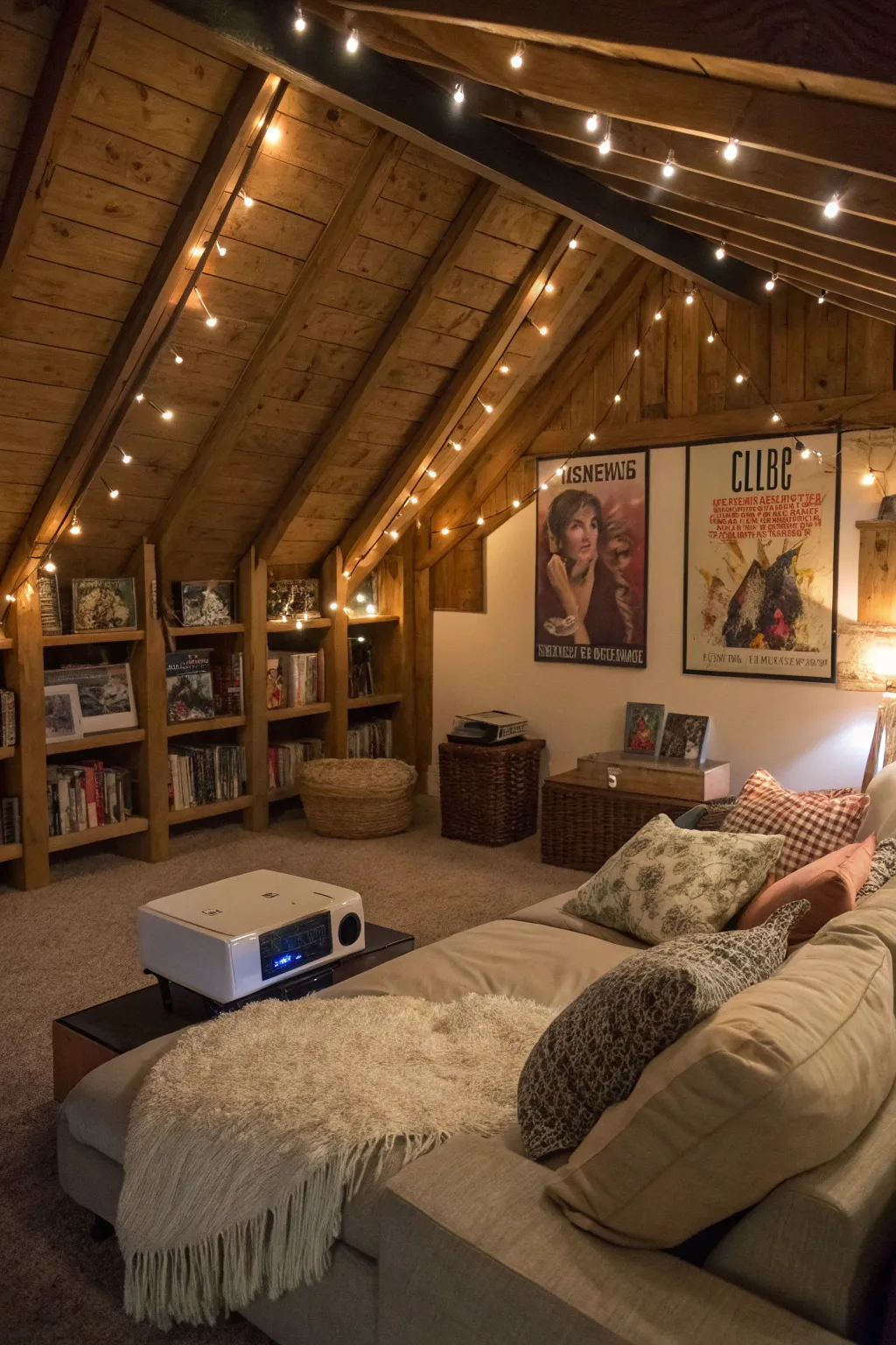 A cozy attic home theater for family entertainment.