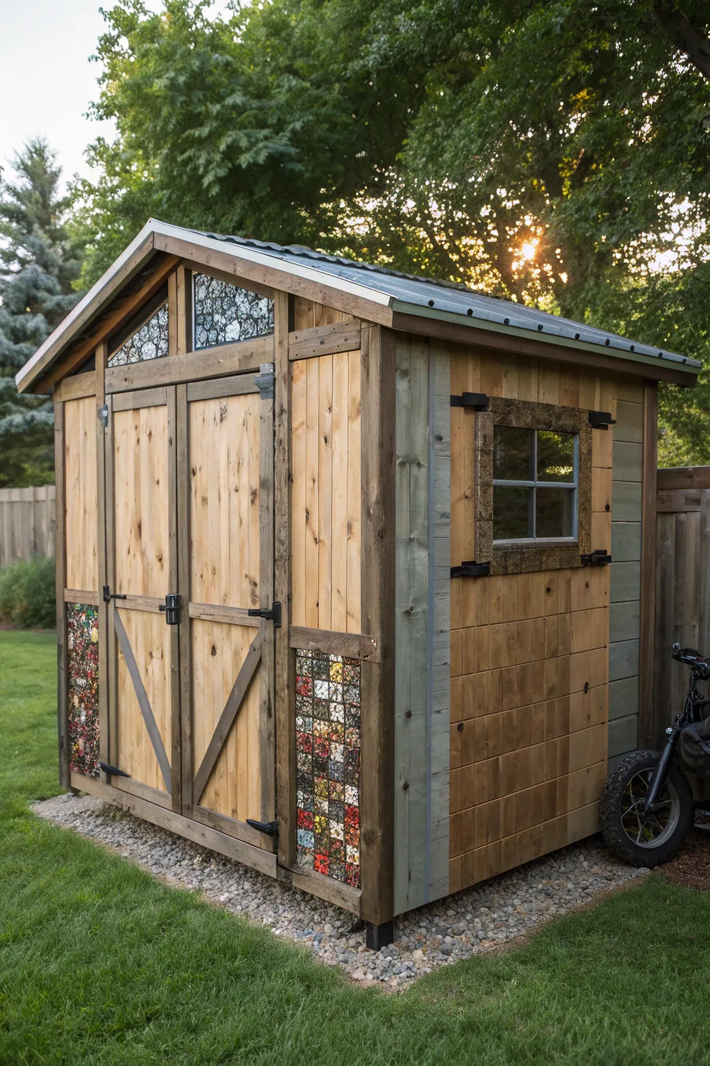 Elevate your storage with handcrafted charm: a DIY shed masterpiece that blends rustic materials with artistic flair.